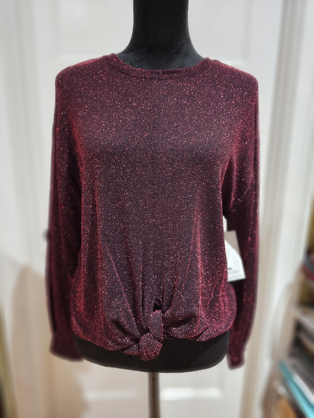 Karen Kane Metallic Knot-Front Long Sleeve Top - Red, NWT